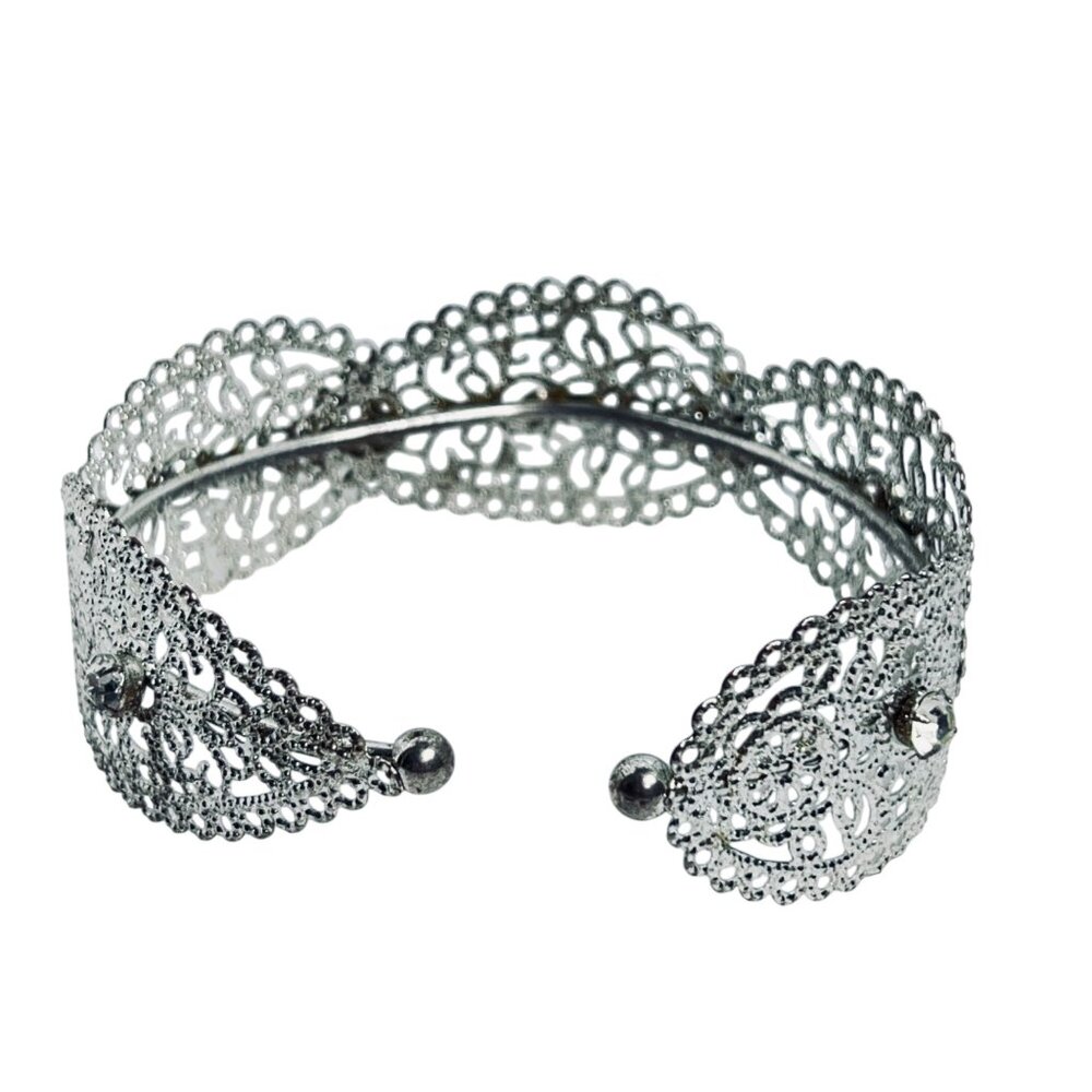 Silver Tone Filigree & Clear Rhinestone Adjustable Cuff Bracelet (5801) - Picture 3 of 5